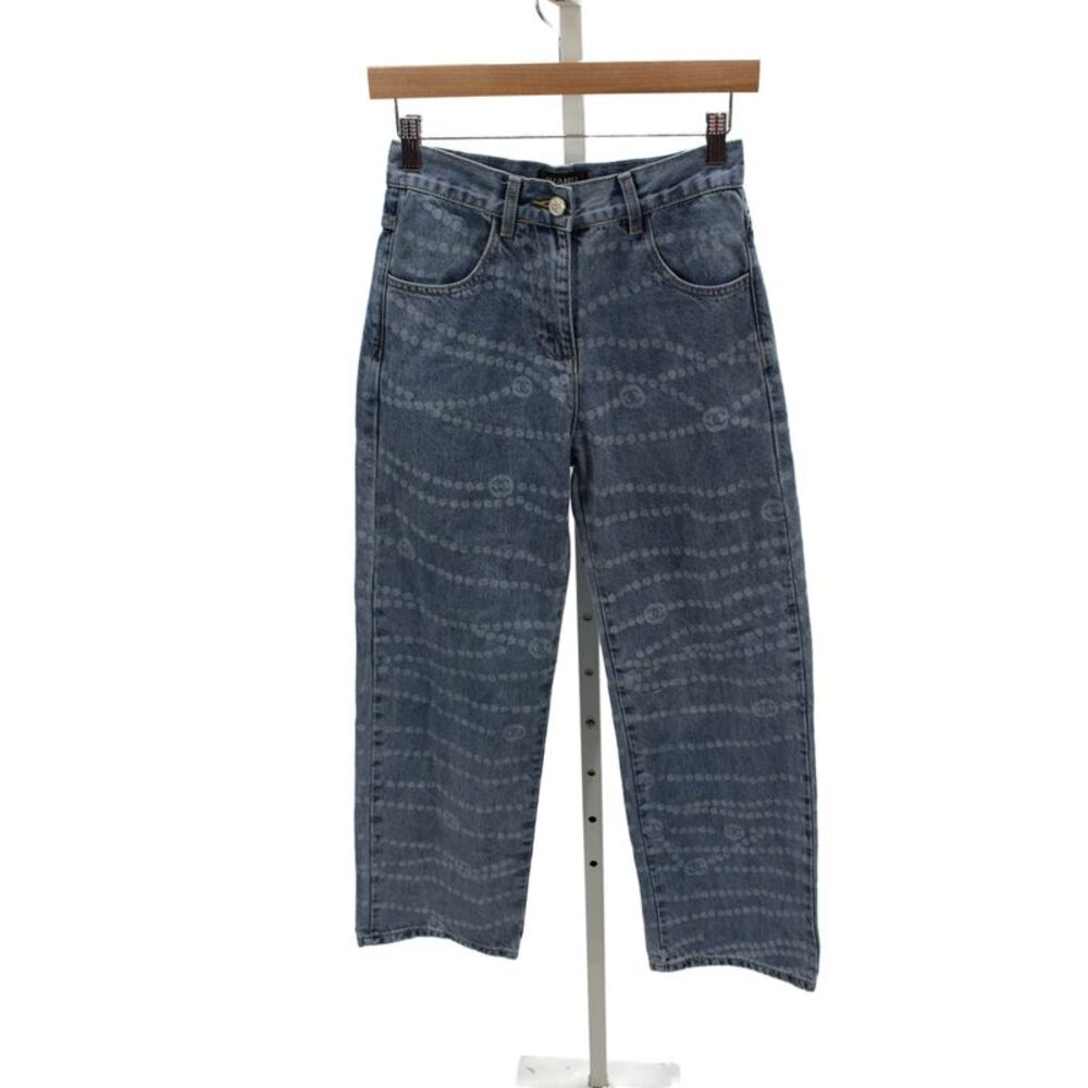 Chanel Womens 2025 Spring Pearl PrintWide-Leg Jeans Blue Size 36